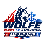 Wolfe Heating, Air & Refrigeration logo with wolf, flame and snowflake icons, and phone number 859-242-2049