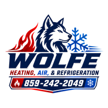 Wolfe Heating, Air & Refrigeration logo with wolf, flame and snowflake icons, and phone number 859-242-2049