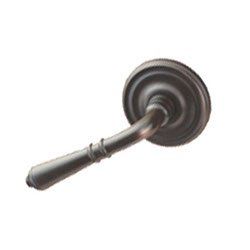 Bronze door lever handle with decorative circular backplate.