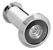 Door peephole with a chrome finish.