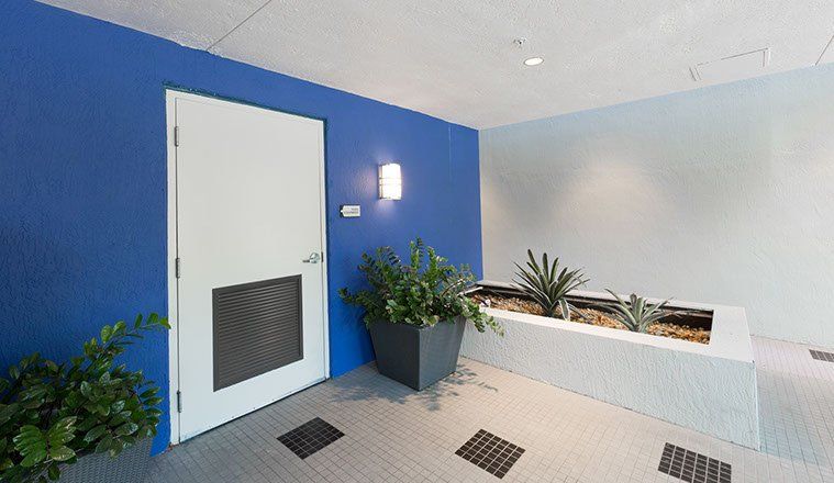 Blue and white hallway with a white door, potted plants, and built-in planter.