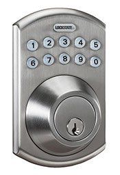 Digital door lock with keypad and keyhole, brushed metal finish.