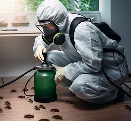 A man in a protective suit and gas mask is spraying insecticide on a wooden floor.