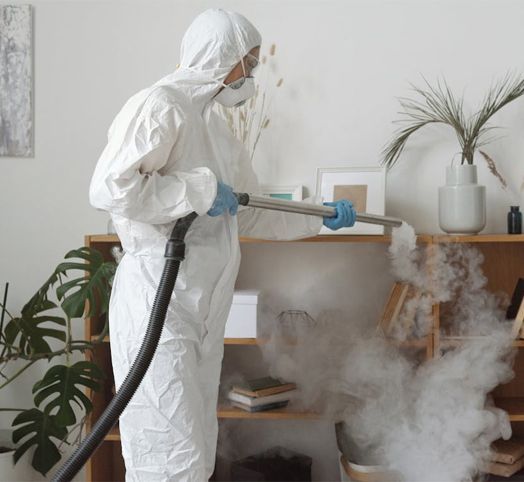 A man in a protective suit is using a vacuum cleaner to clean a room