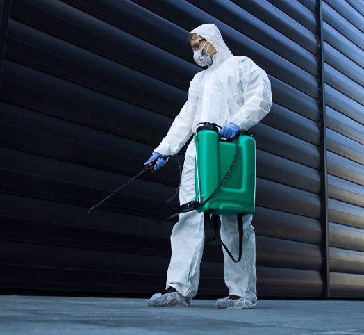 A man in a protective suit is holding a green sprayer