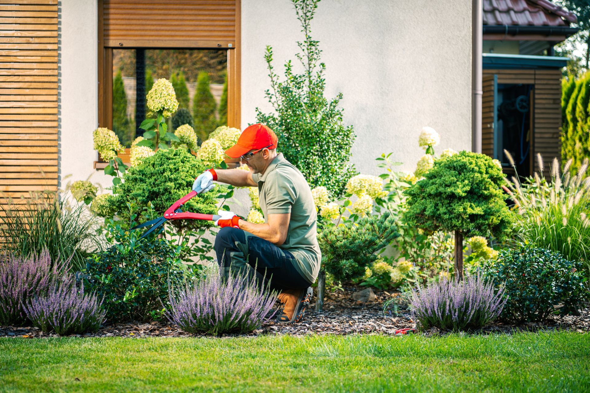 A man is kneeling down in a garden cutting plants with a saw.