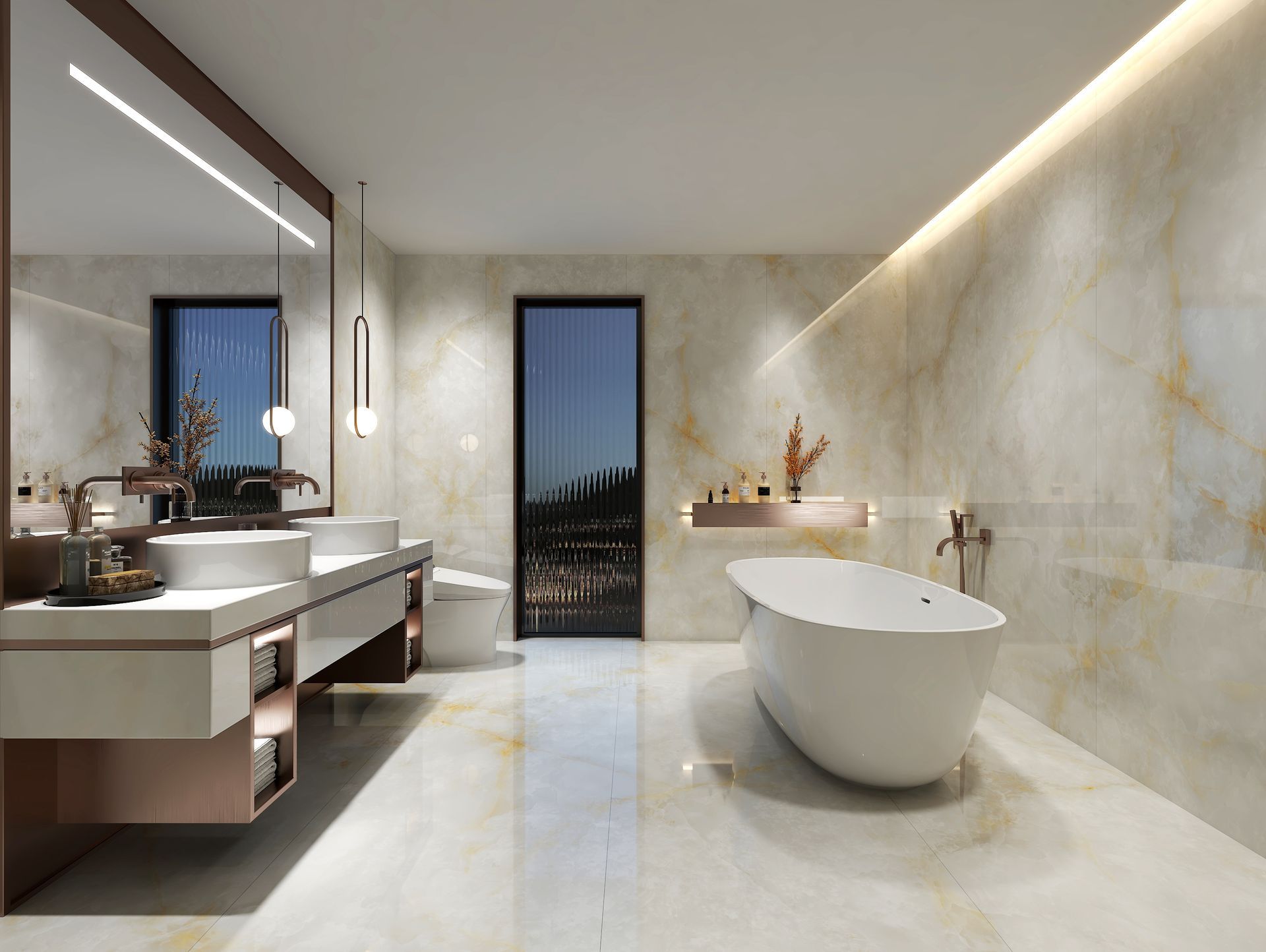 A bathroom with two sinks , a tub , and a mirror.