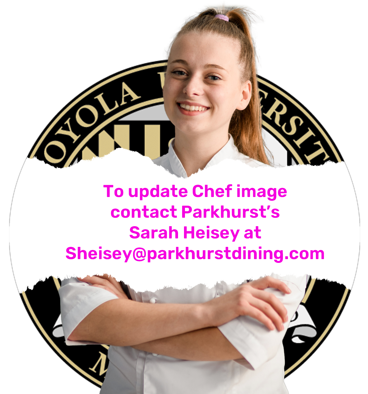 A chef with her arms crossed in front of a logo
