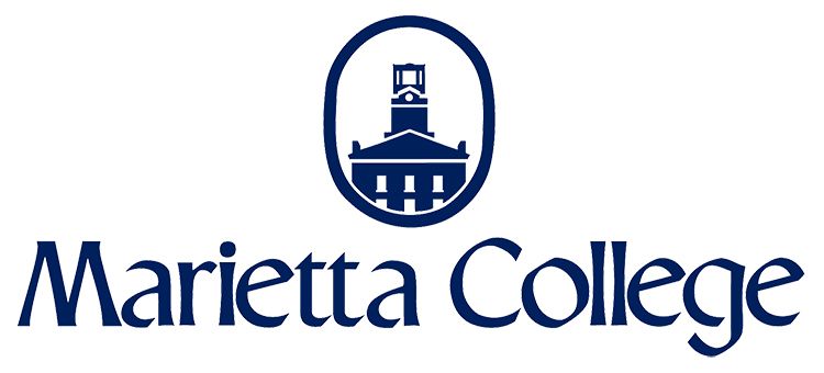 Marietta College logo with a building inside an oval and the name below in navy blue.