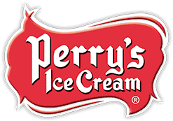 Perry's Ice Cream logo in white text on a red, stylized shape with a white outline.