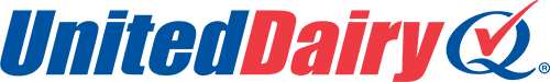 United Dairy logo with blue text and a red checkmark in a blue swirl.