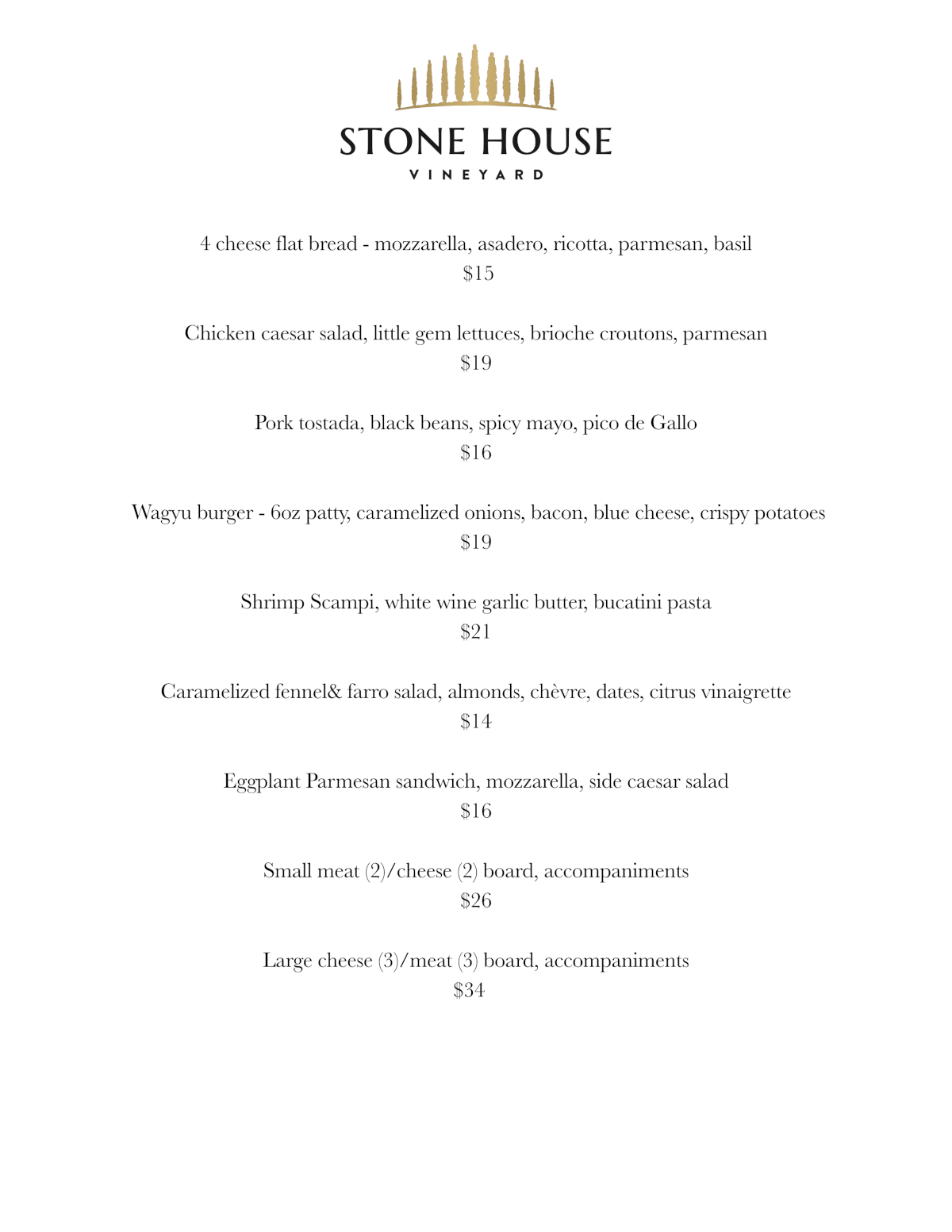 Stone House Sample Menu