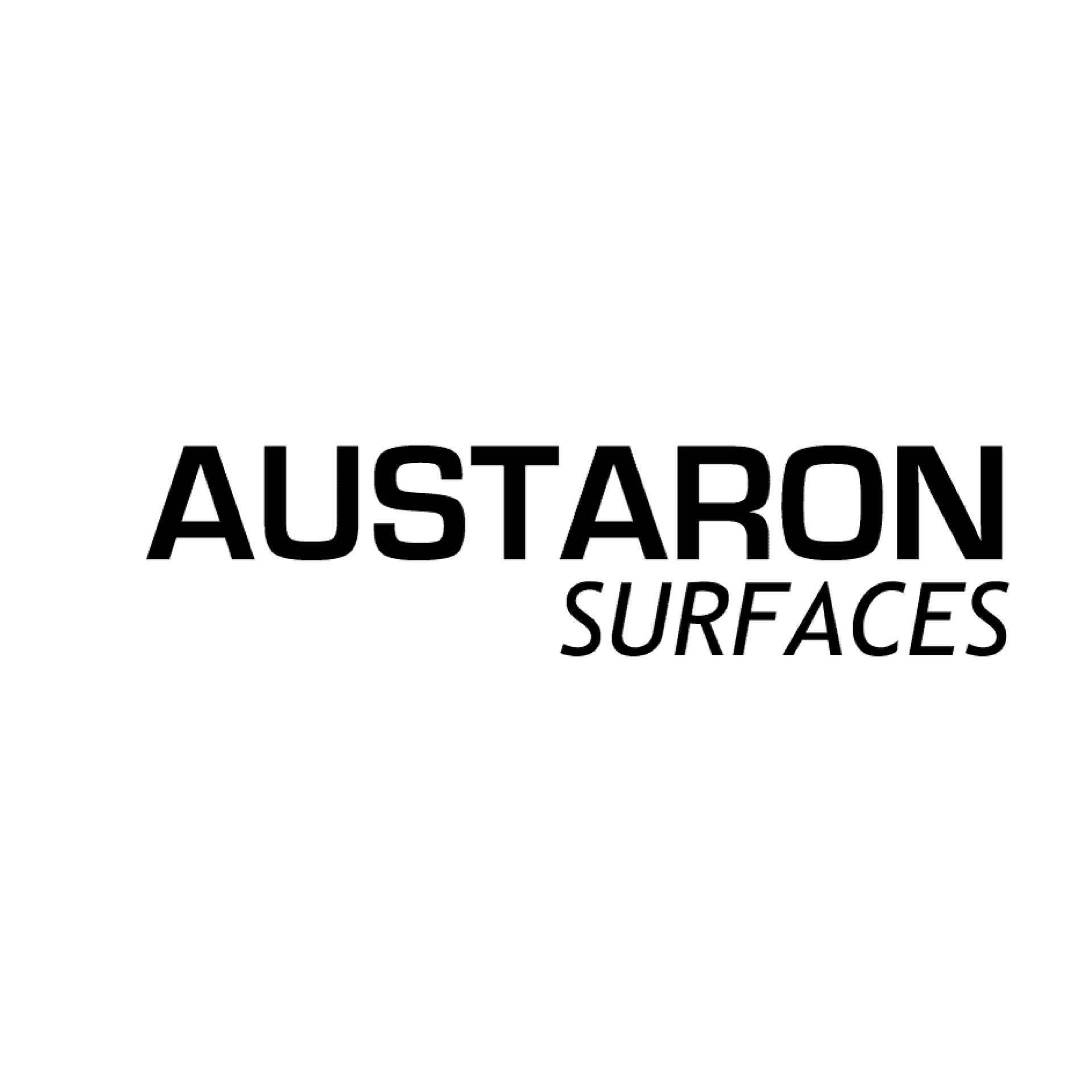 A black and white logo for austraron surfaces on a white background.