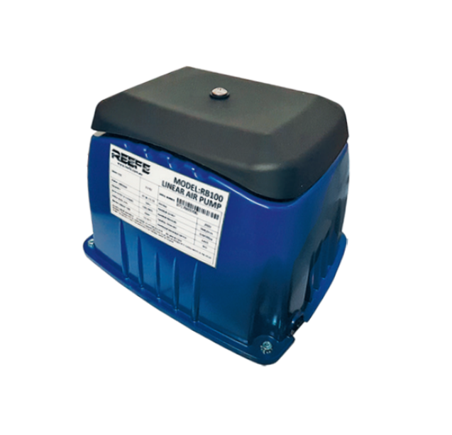 Blue Reef linear air pump with black top and product label. — Bennett's Servicing and Plumbing In South Nowra, NSW