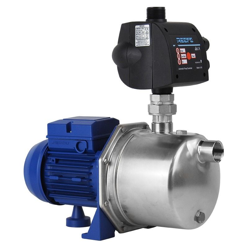 Blue and silver water pump with a black control unit on a white background. — Bennett's Servicing and Plumbing In South Nowra, NSW