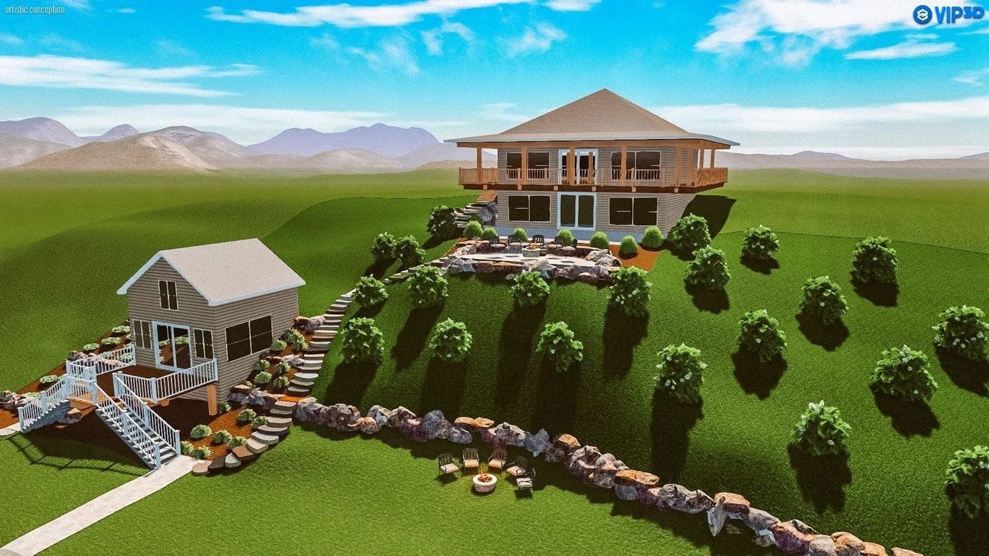 Backyard landscape design mockup of a lakeshore cabin, including  rock hardscaping, outdoor firepits, concrete stairs, trees and shrubs.