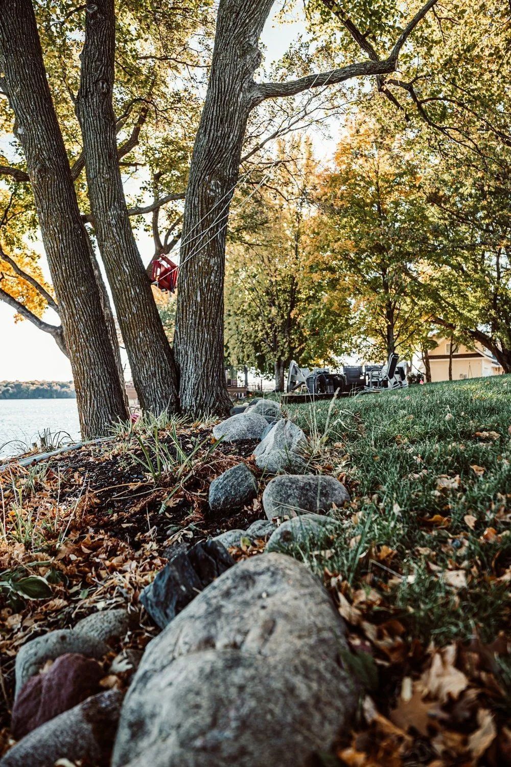 Trees line a rocky shore. Fall leaves surround the large gray stones. People relax on the grass further back.