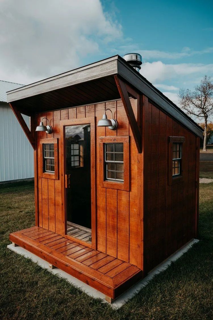 Wooden shed with porch, stained a rich brown. Includes a door, windows, and exterior lights. Located outdoors.