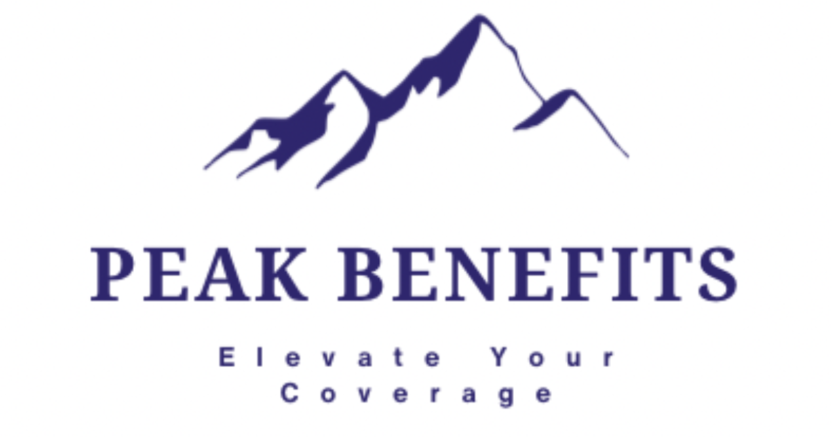 Logo for Peak Benefits, showing blue mountain peaks and text "Peak Benefits, Elevate Your Coverage."