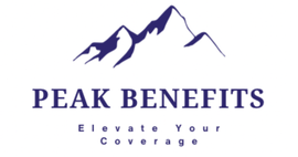 Logo for Peak Benefits, showing blue mountain peaks and text "Peak Benefits, Elevate Your Coverage."