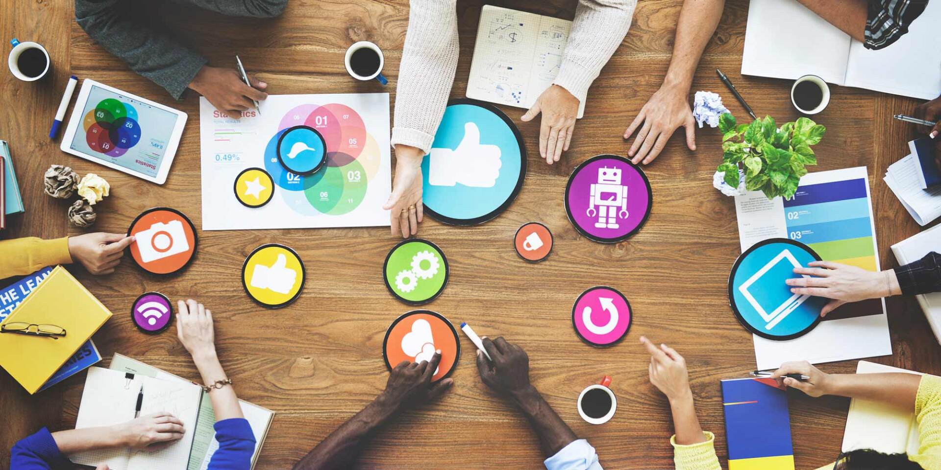 various social media icons on a table