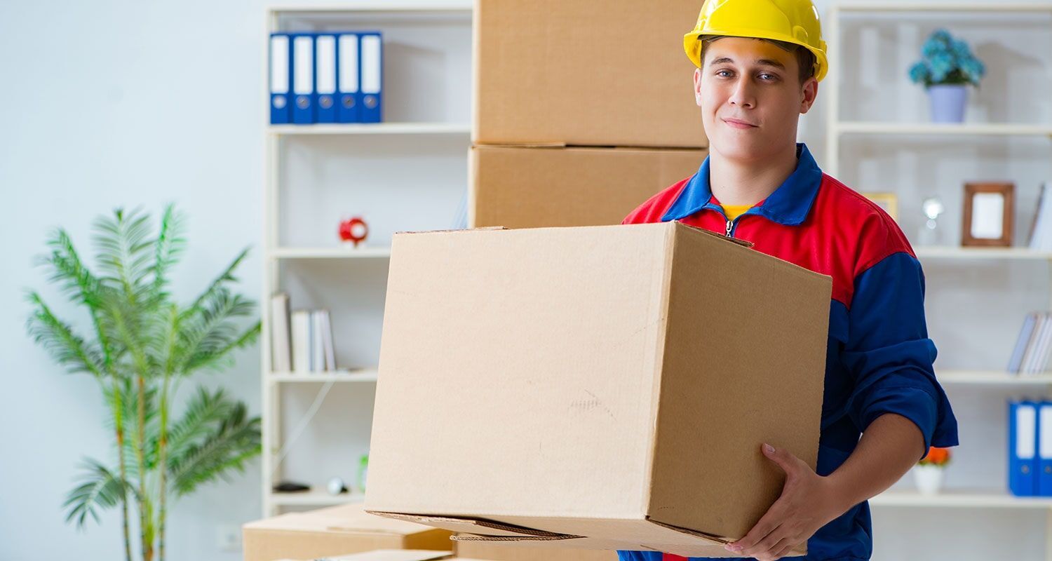 Man Wearing a Hard Hat is Holding a Cardboard Box — Bargara Removals in Rubyanna, QLD