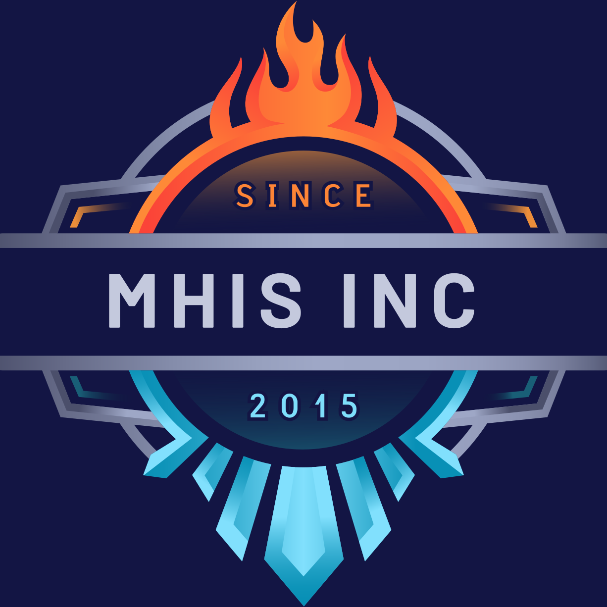 MHIS INC logo, navy blue background with a stylized badge. Orange flame above and icy blue shards below the text.