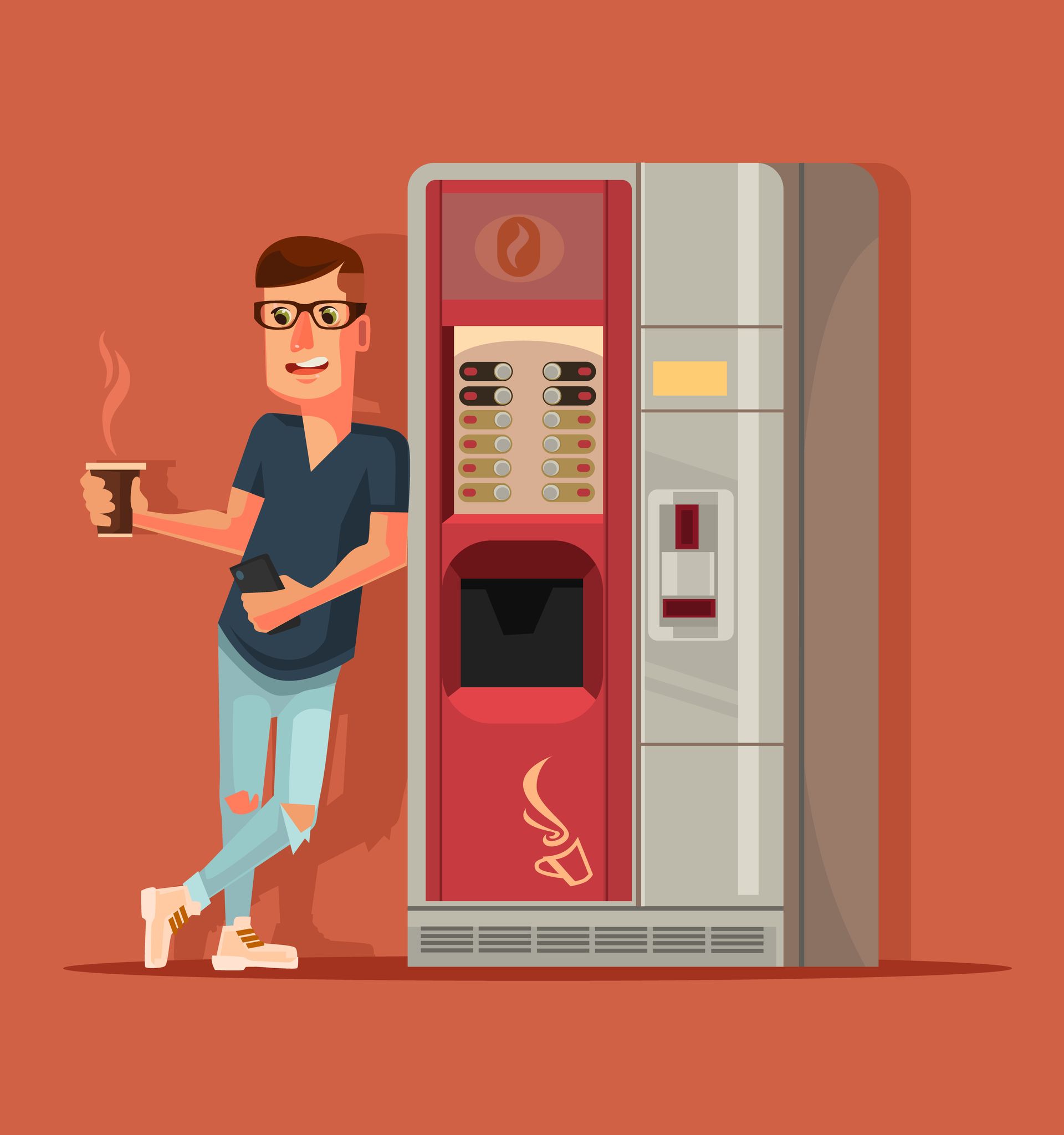 A black coffee vending machine with a cup of coffee on the screen.
