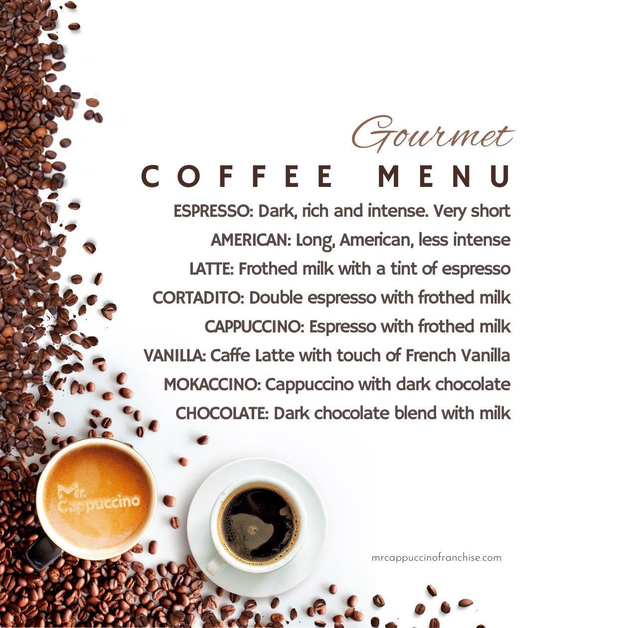 A coffee menu with two cups of coffee and coffee beans