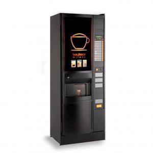 A black coffee vending machine with a cup of coffee on the screen.