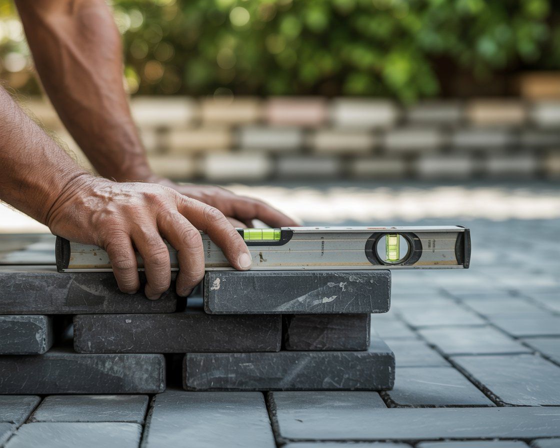 Hands using a level to check the alignment of grey paving stones.