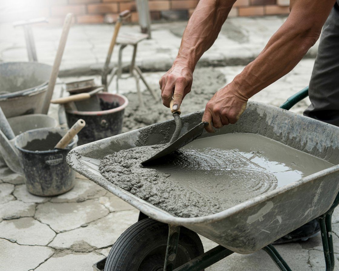 A person mixing concrete in a wheelbarrow with a trowel outdoors near construction materials.
