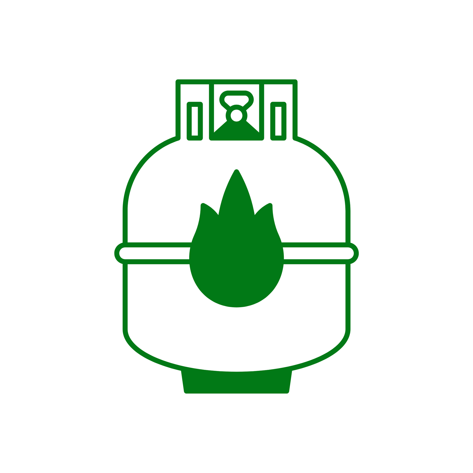 A green propane tank with a fire inside of it.