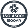 ISO 45001 certification badge by ISOQAR with the text 