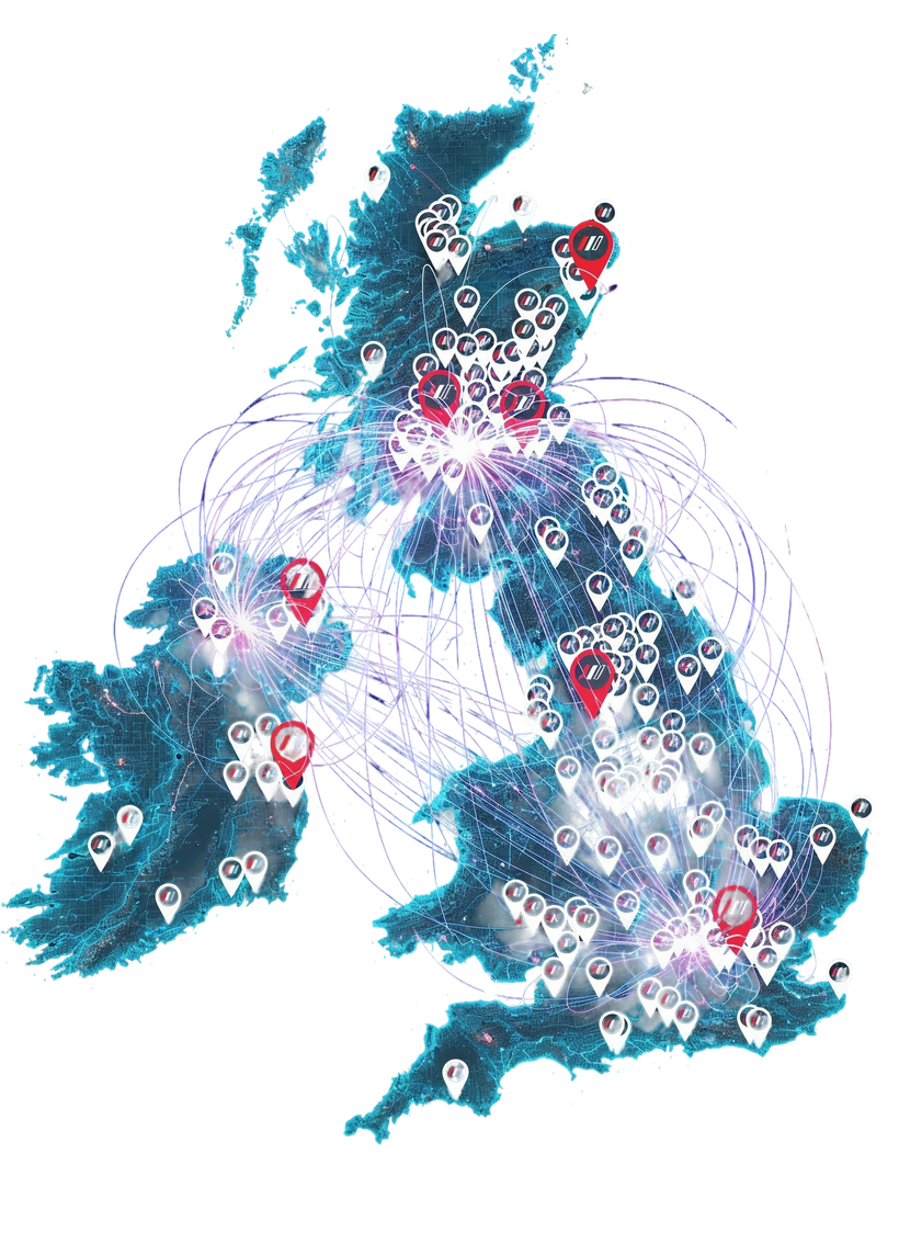 A map of the UK and Ireland featuring white and red location pins connected by thin lines, coloured dark blue background.