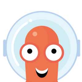 A cartoon character wearing a space helmet and smiling