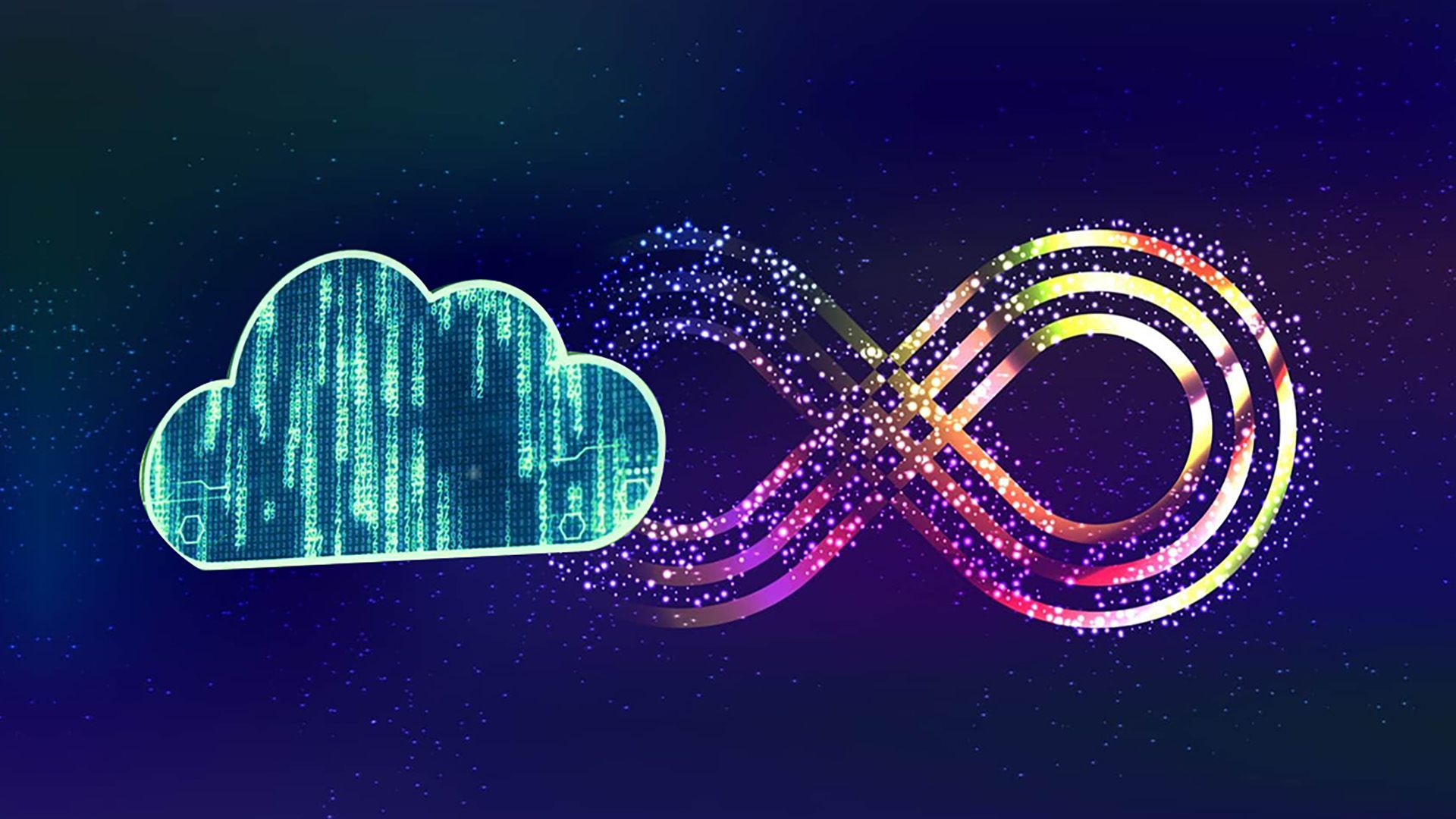 A cloud and an infinity symbol are made of binary code.