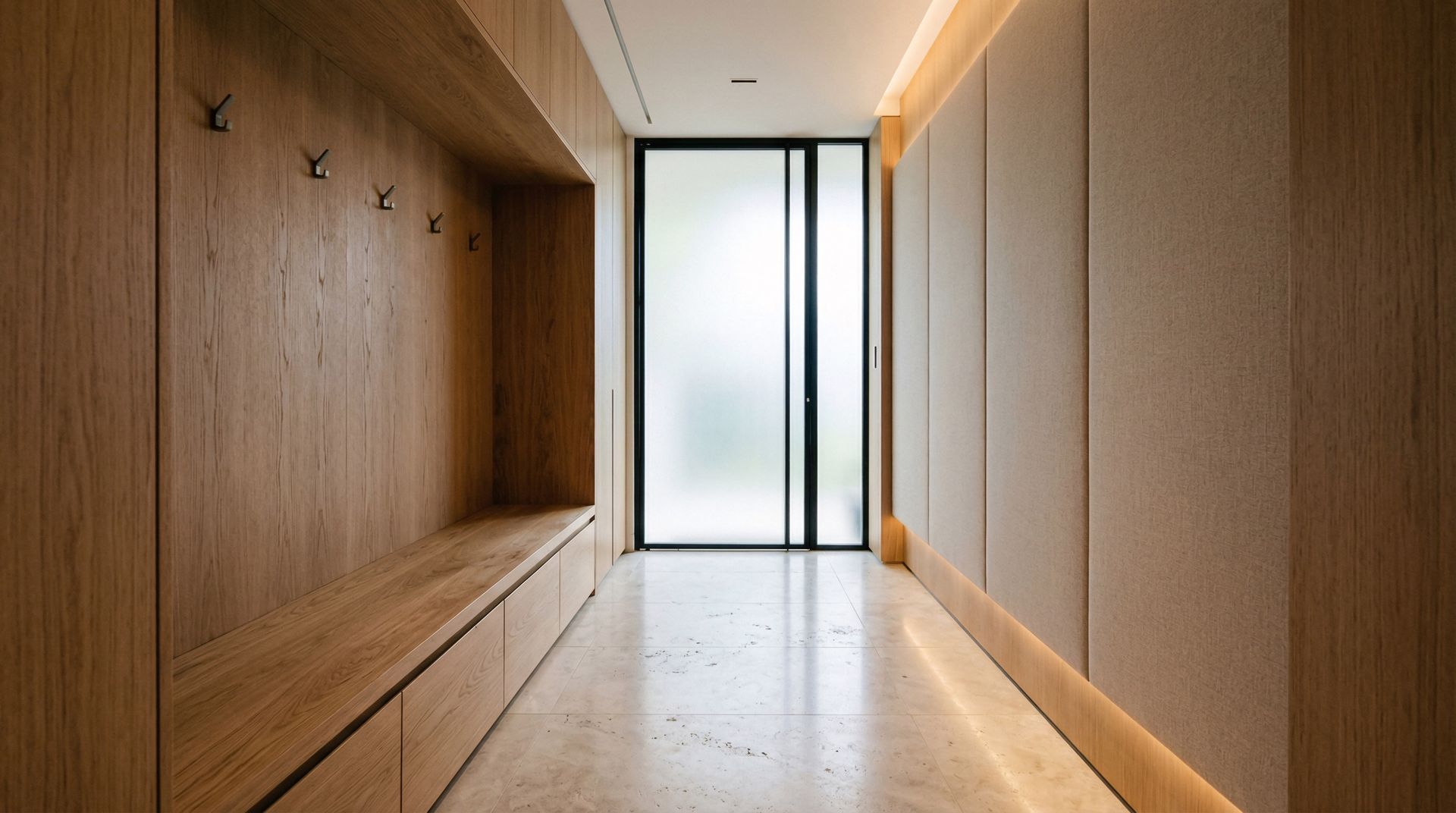 View of a nicely illuminated wooden built-in wardrobe.