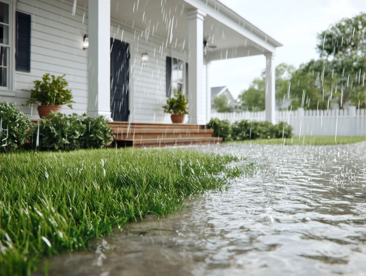 Gros plan sur ne pelouse et la galerie d'une maison avec la pluie qui tombe.