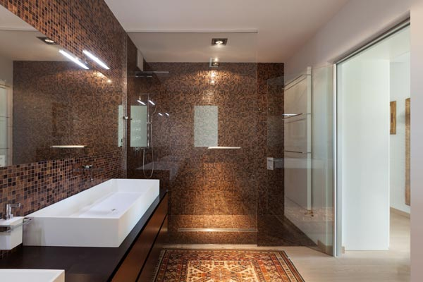 A bathroom with a walk in shower , sink , mirror and rug.