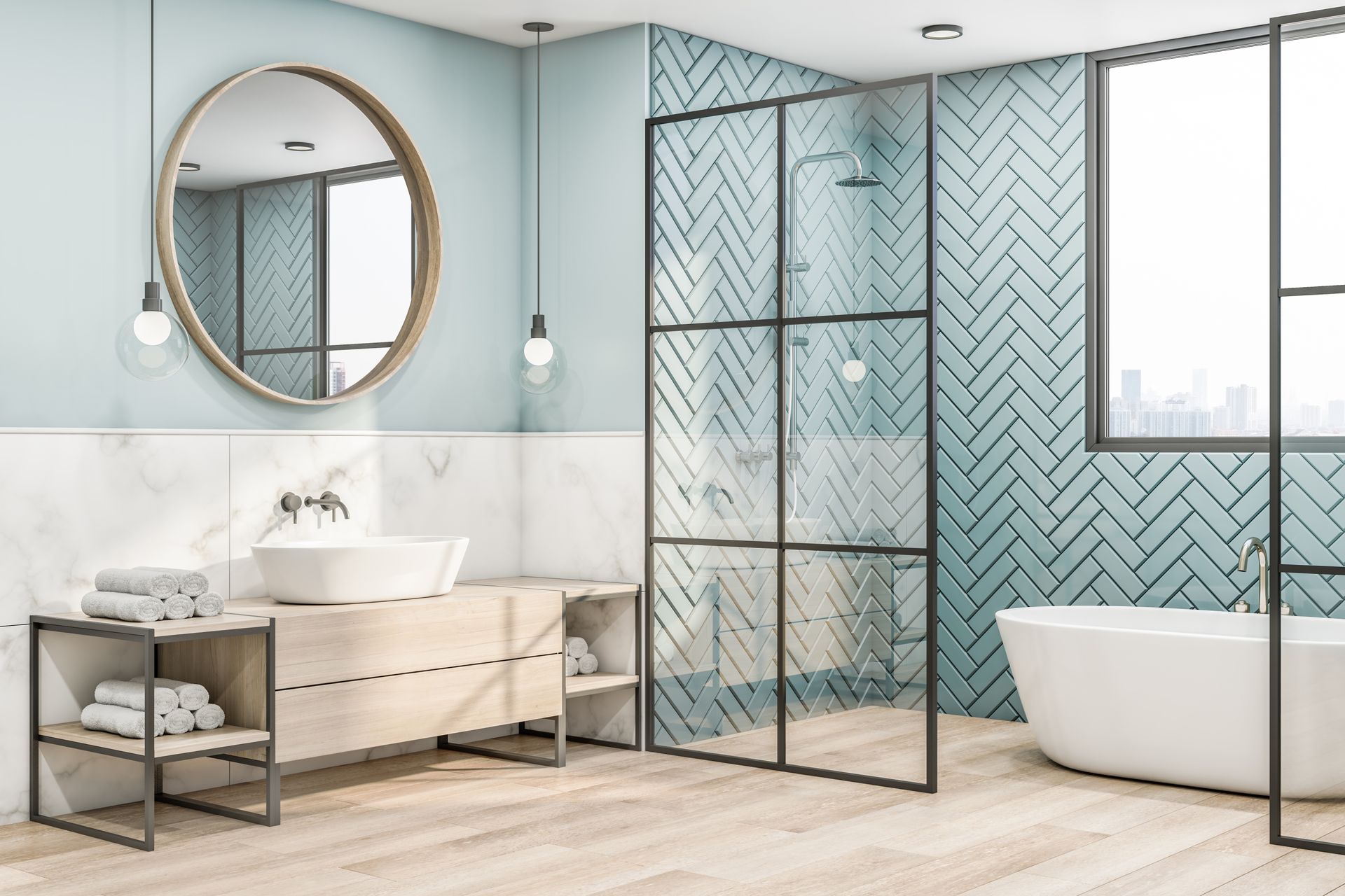 A bathroom with a tub , sink , mirror and shower.