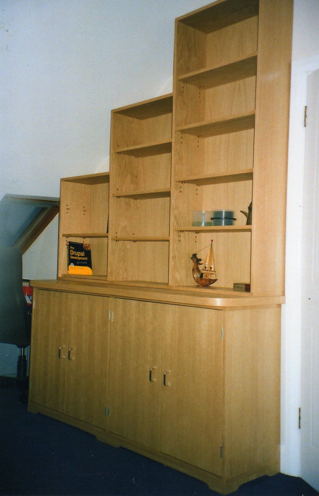 Oak study bookcase with matching desk, designed and polished