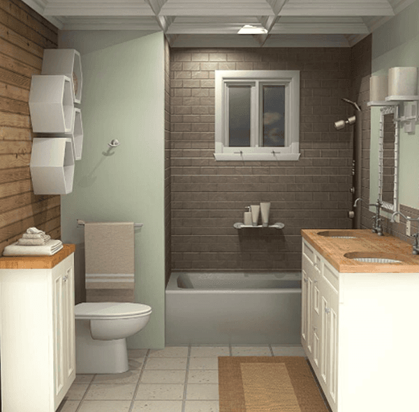 Bathroom with white cabinets, light wood countertops, tub, and window, with a stacked shelf unit on the left.