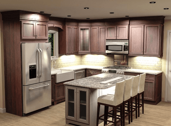 Kitchen with dark wood cabinets, stainless steel appliances, granite countertops, and island with bar stools.