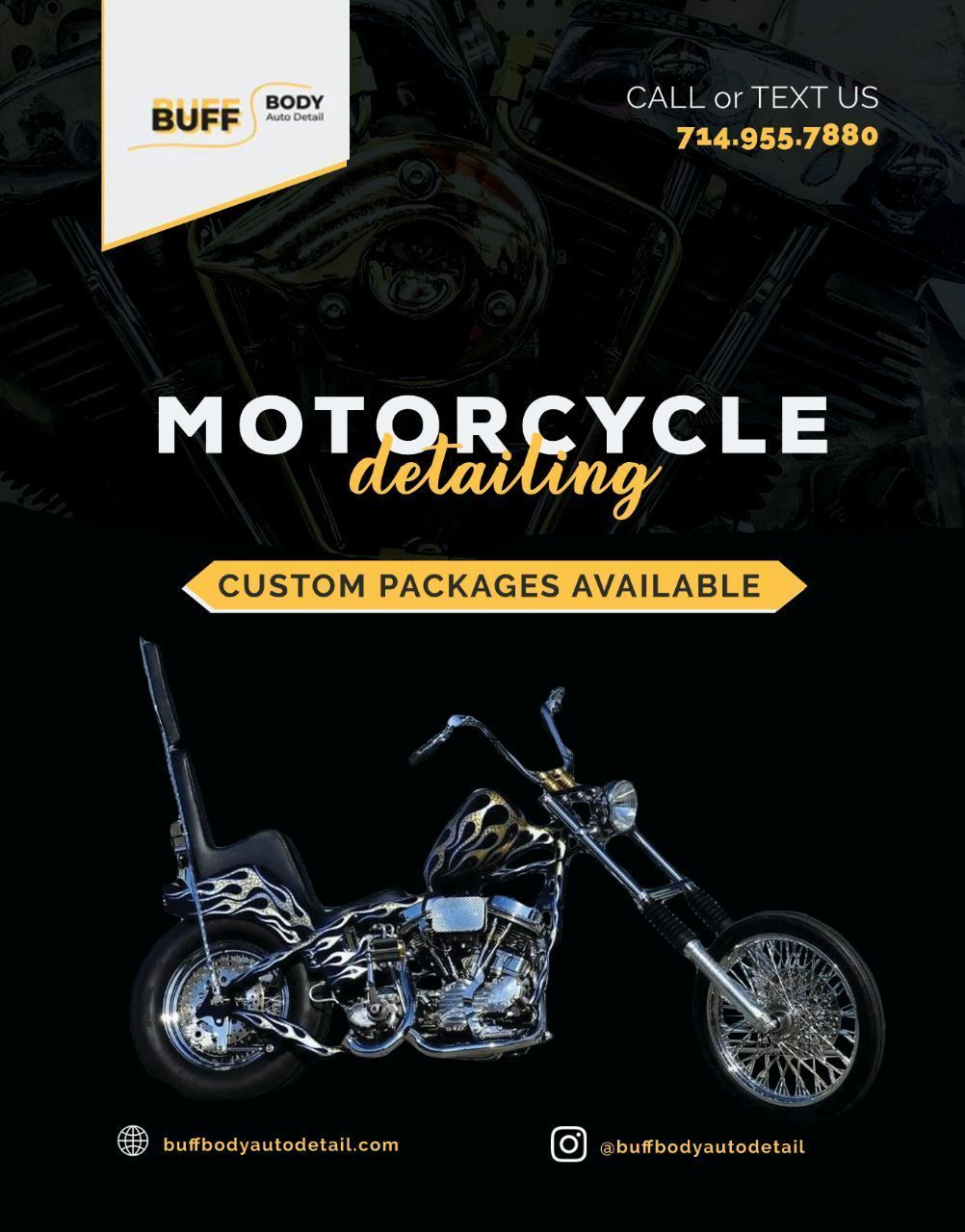 An advertisement for motorcycle detailing with a picture of a motorcycle