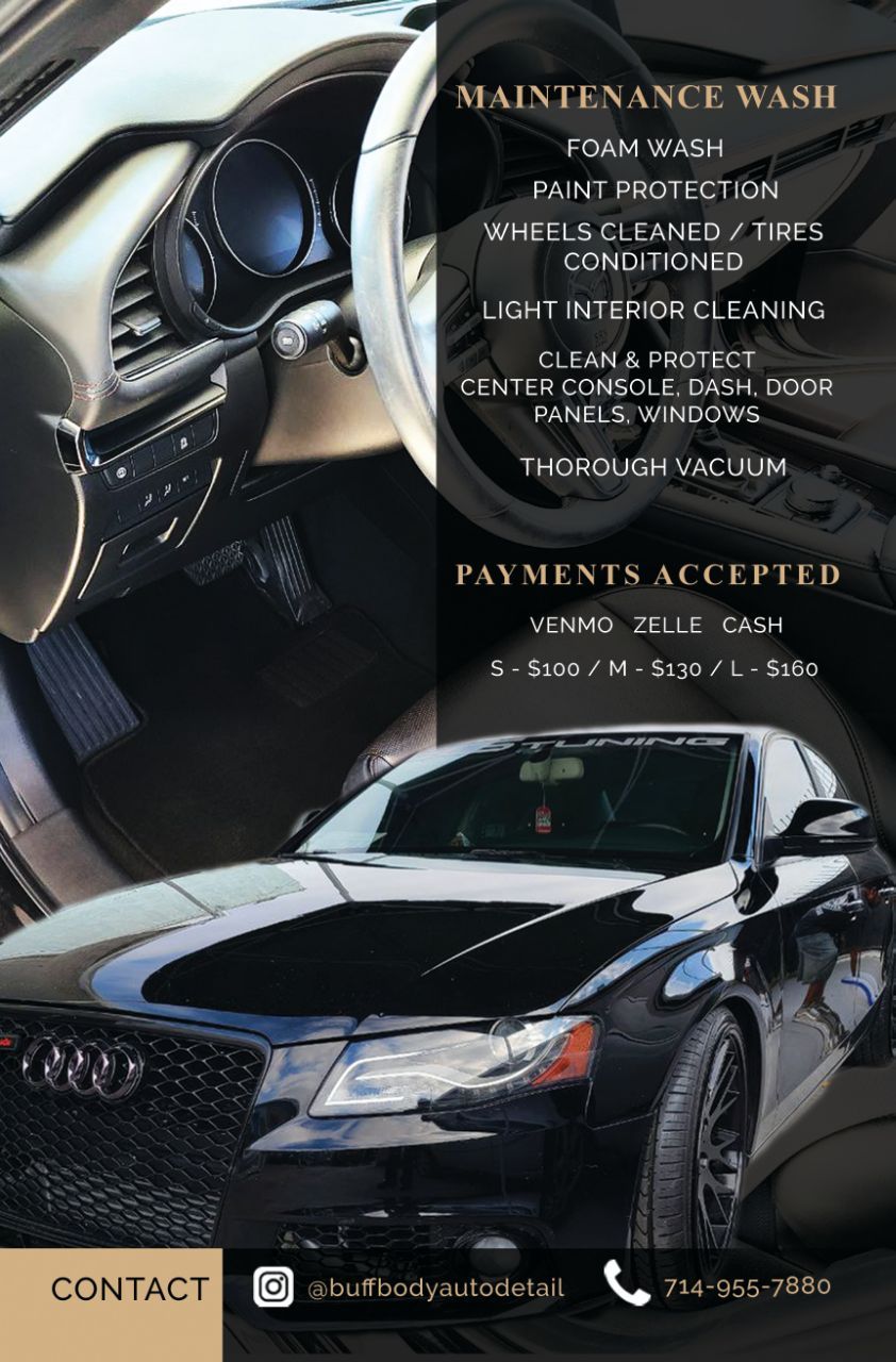 A flyer for a car wash with a black car on it