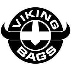 A black and white logo for viking bags with a cross and horns.