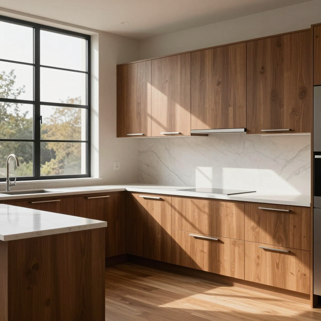 Modern U-shaped kitchen with wood-grain cabinets, white countertops, marble backsplash, and a large window.