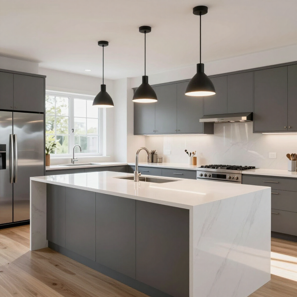 Modern kitchen featuring gray cabinets, a white marble island with a sink, and three hanging black pendant lights.