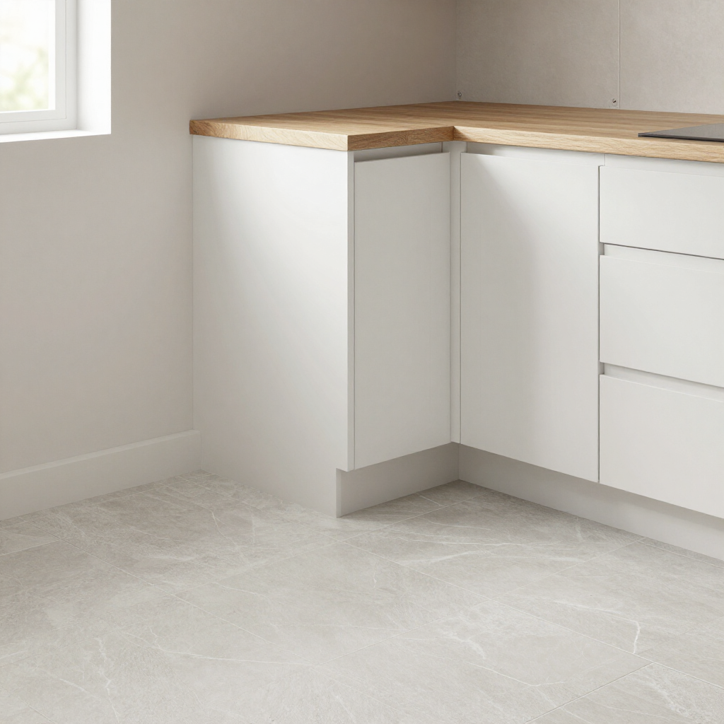 Modern kitchen corner featuring a white cabinet with a light wood countertop and grey tiled flooring.